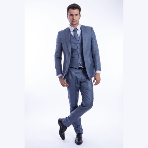 Blue Ice Grey Sharkskin 3pc Suit w/ Expandable Waistband - Picture 3 of 4